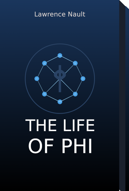 This image shows a close-up view of the book cover for The Life of Phi by Lawrence Nault. The cover has a dark navy blue background with white text. At the top is the author's name Lawrence Nault in white text. In the center is a circular logo featuring a stylized phi (Φ) symbol with a vertical line through it, surrounded by a network of eight light blue nodes connected by thin lines forming an octagonal shape. At the bottom of the cover, the title THE LIFE OF PHI appears in large, white capital letters. The overall design is minimalist and technological in appearance, suggesting themes related to networks, AI, or mathematical concepts.
